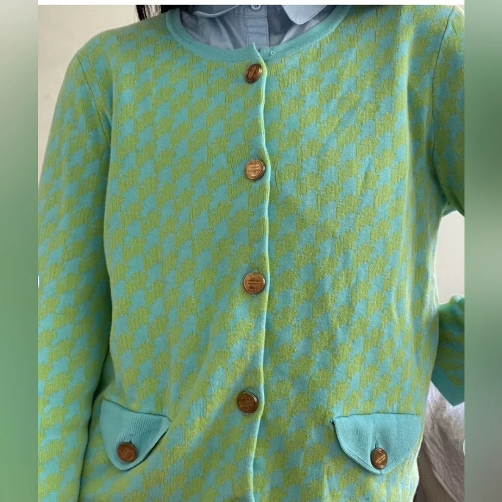 LILY PULITZER VINTAGE WOMEN'S GREEN AND BLUE HOUNDSTOOTH CARDIGAN SIZE MEDIUM
